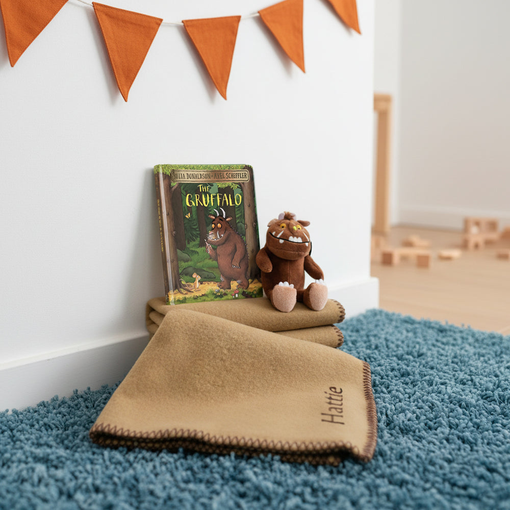 Gruffalo Soft Toy, with Board Book and Personalised Fleece Blanket Toddler Gift Set