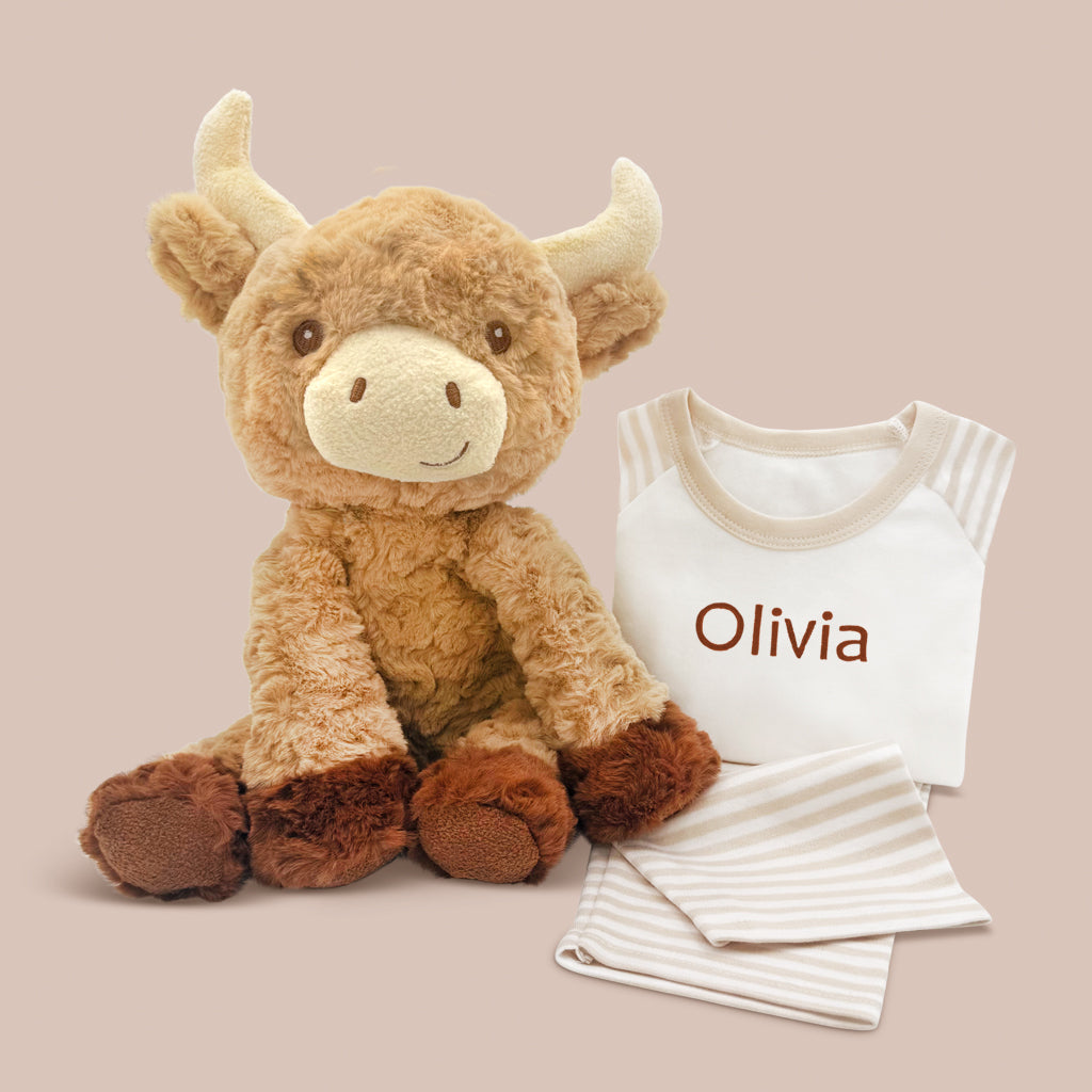 Highland Cow Soft Toy with Personalised Baby Pyjama Gift Set