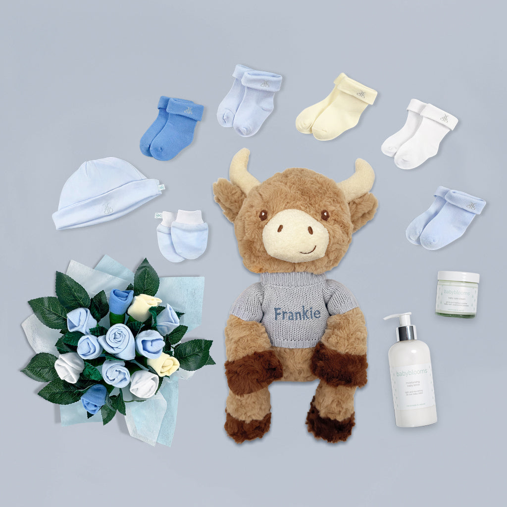 Personalised Highland Cow Welcome Baby Hamper Contents, Blue