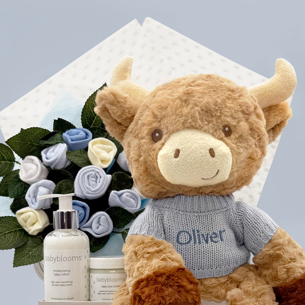Personalised Highland Cow Welcome Baby Hamper, Blue
