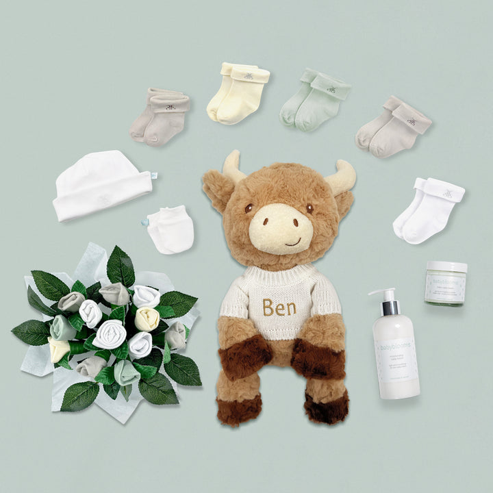 Personalised Highland Cow Welcome Baby Hamper, Neutral Contents 