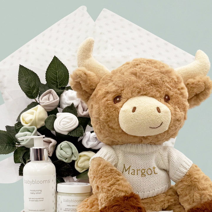 Personalised Highland Cow Welcome Baby Hamper, Neutral