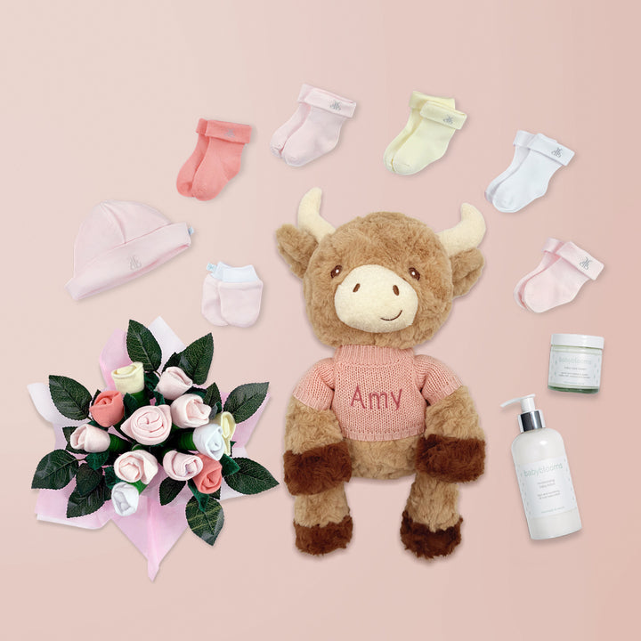 Personalised Highland Cow Welcome Baby Hamper Contents, Pink