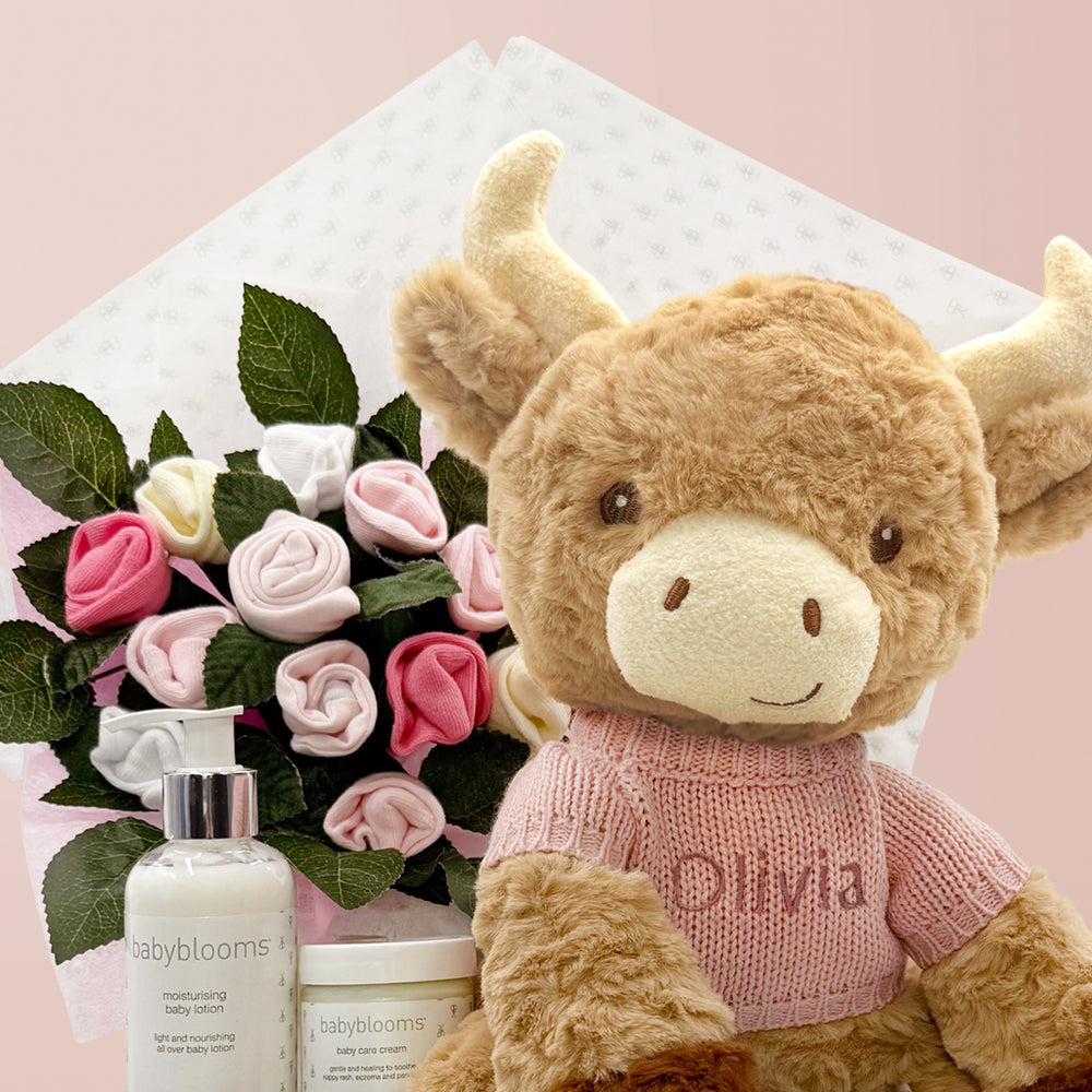 Personalised Highland Cow Welcome Baby Hamper, Pink