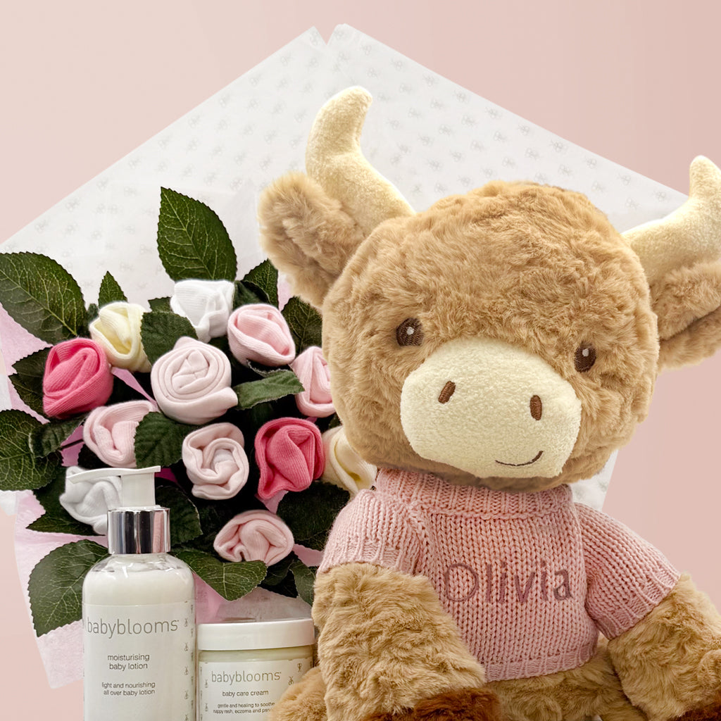Personalised Highland Cow Welcome Baby Hamper, Pink