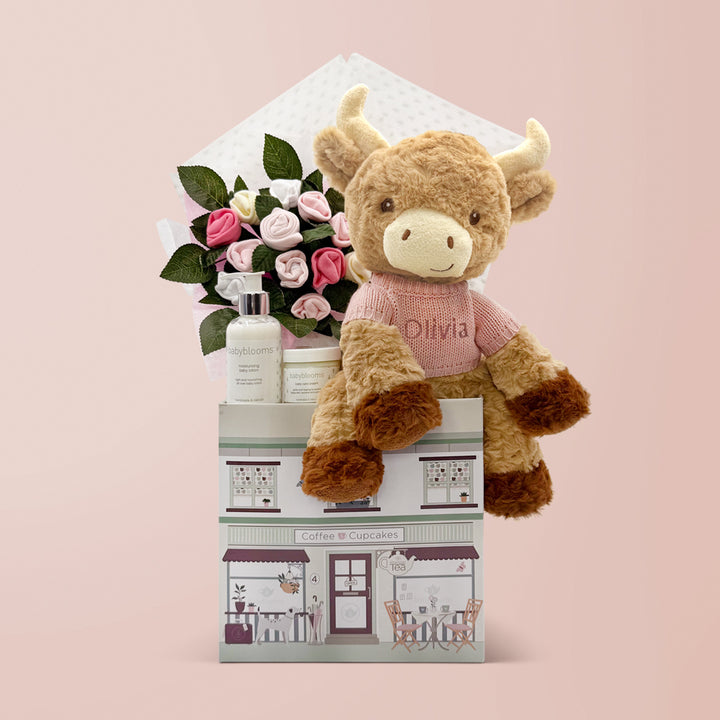 Personalised Highland Cow Welcome Baby Hamper, Pink