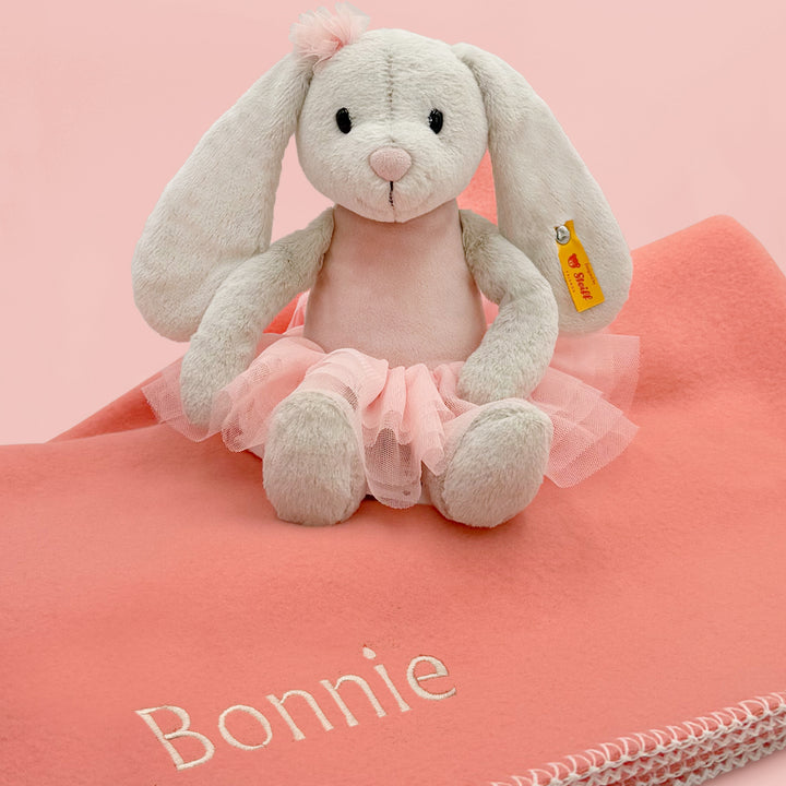 Steiff Plush Ballet Bunny Soft Toy with Personalised Pink Fleece Blanket 