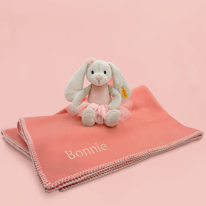 Steiff Plush Ballerina Rabbit with Personalised Pink Fleece Blanket Gift Set