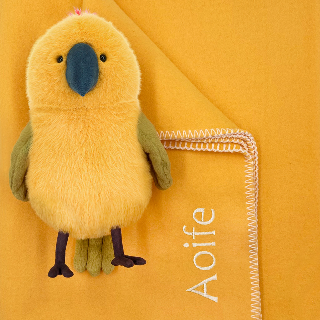 Yellow Plush Parrot Soft Toy with Personalised Kids Yellow Fleece Blanket 