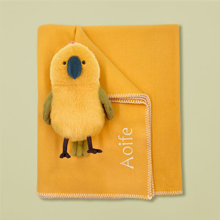 Personalised Yellow Kids Fleece Blanket with Jellycat Budgeby Parrot Soft Toy