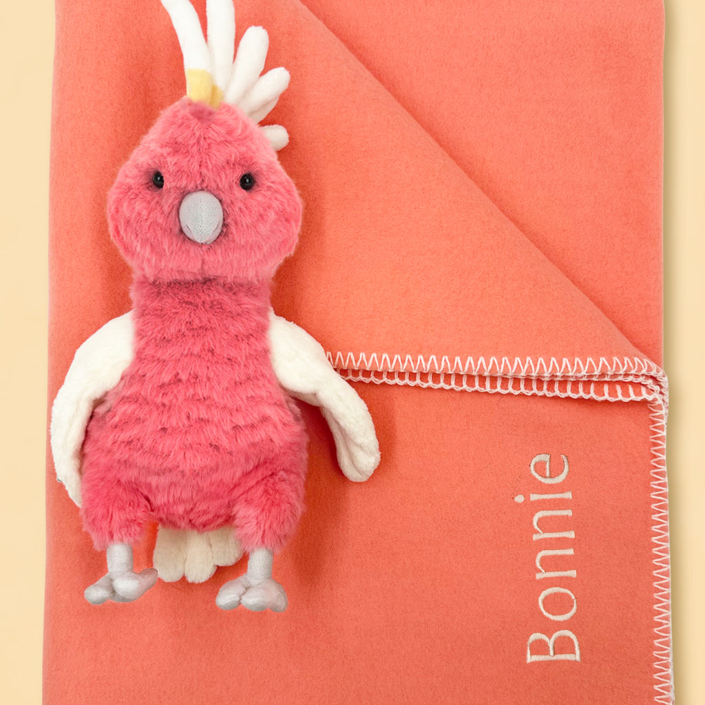 Close Up of Personalised Pink Fleece Blanket and Jellycat Soft Toy