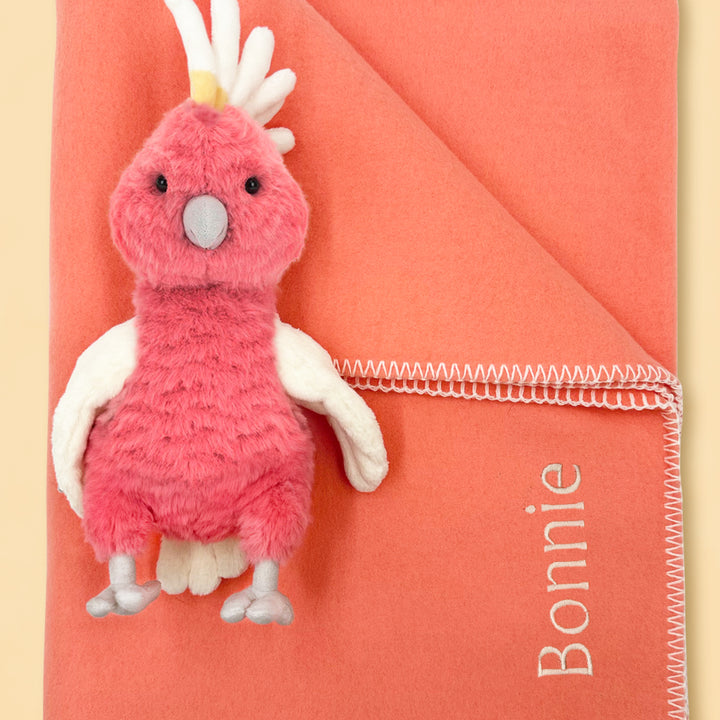 Close Up of Personalised Pink Fleece Blanket and Jellycat Soft Toy