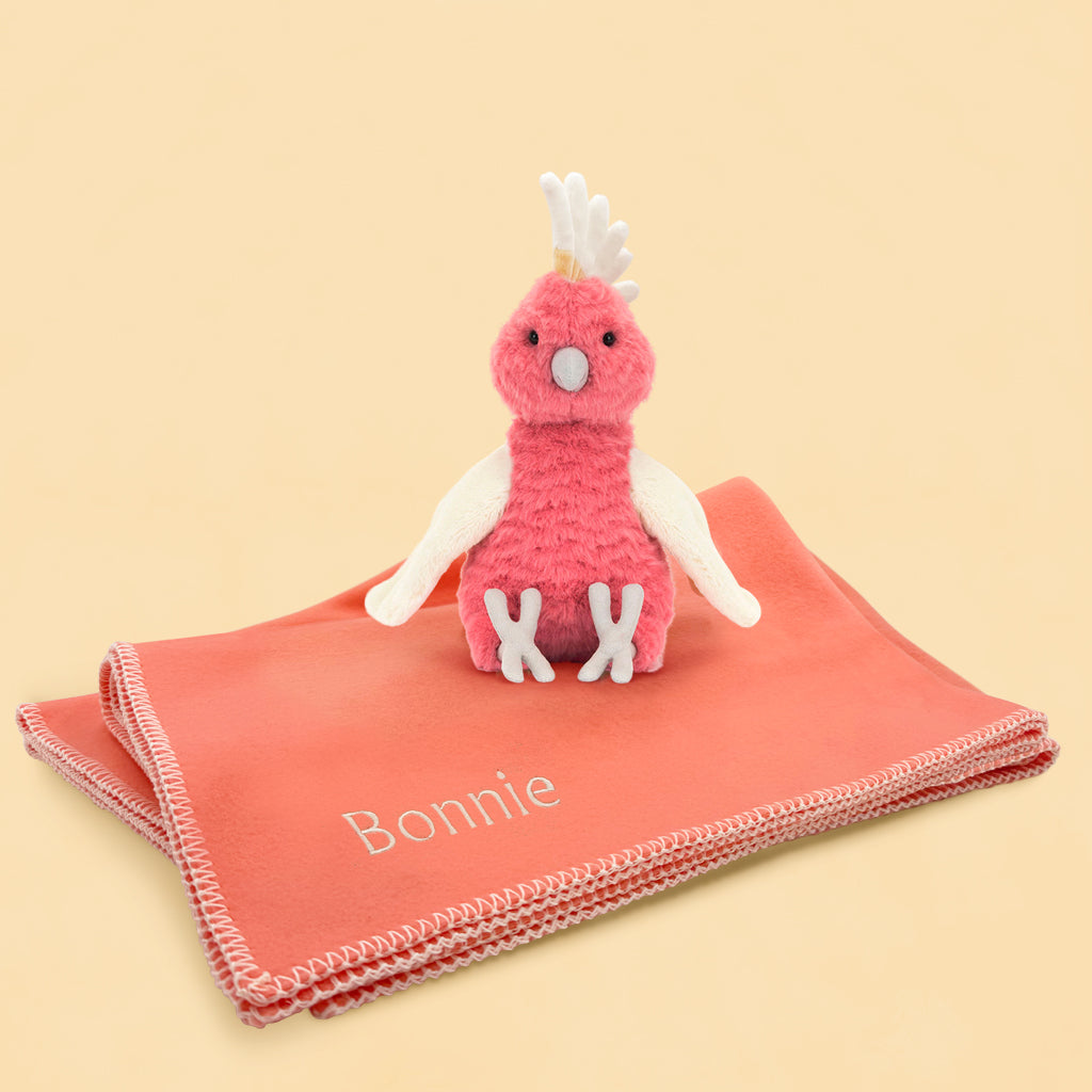 Jellycat Squawkatoo Soft Toy with Personalised Pink Fleece Blanket