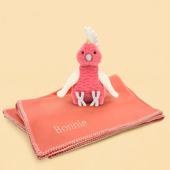 Jellycat Squawkatoo Soft Toy with Personalised Pink Fleece Blanket