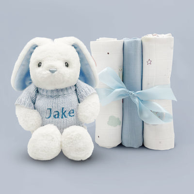 Personalised-Baby Gift Blue Eco Bunny With Muslins 