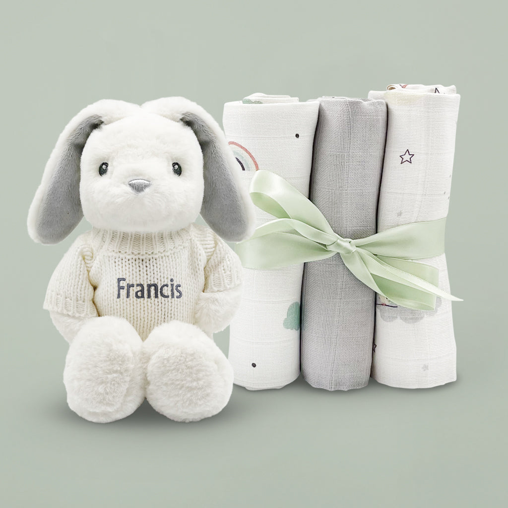 New Baby Gift Set Of Bunny Soft Toy With Three Muslins 