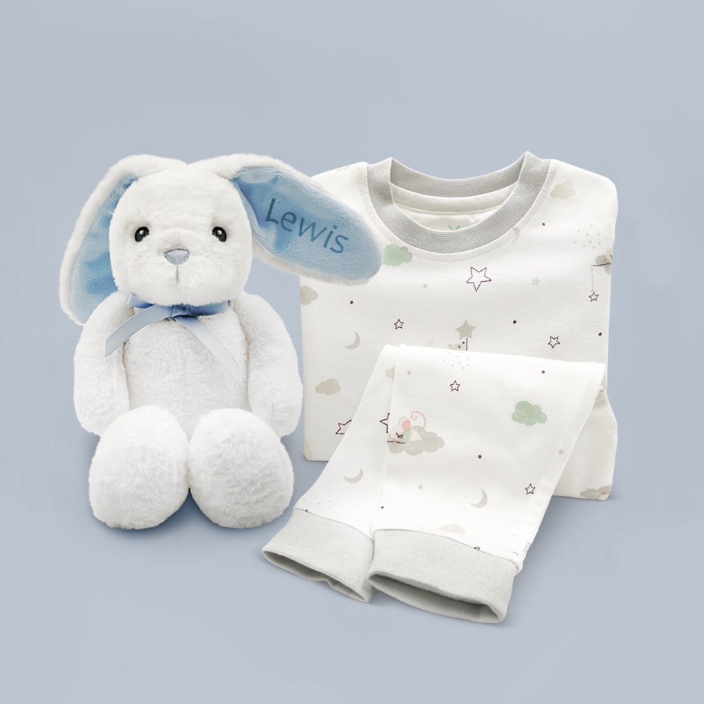 Personalised New Baby Gift Blue Eco Bunny And Babypyjamas