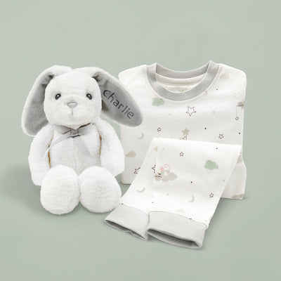 Personalised Baby Gift Grey Eco Bunny With Baby Pyjamas