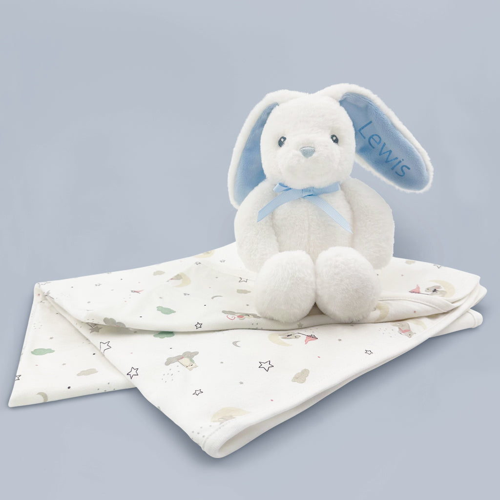 Baby Boy Gift Personalised Eco Bunny Soft Toy With Blanket 