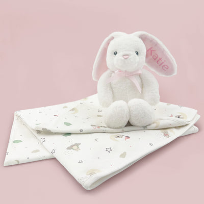 Newborn Babu Personalised Gift Pink Eco Bunny Soft Toy With Baby Blanket 