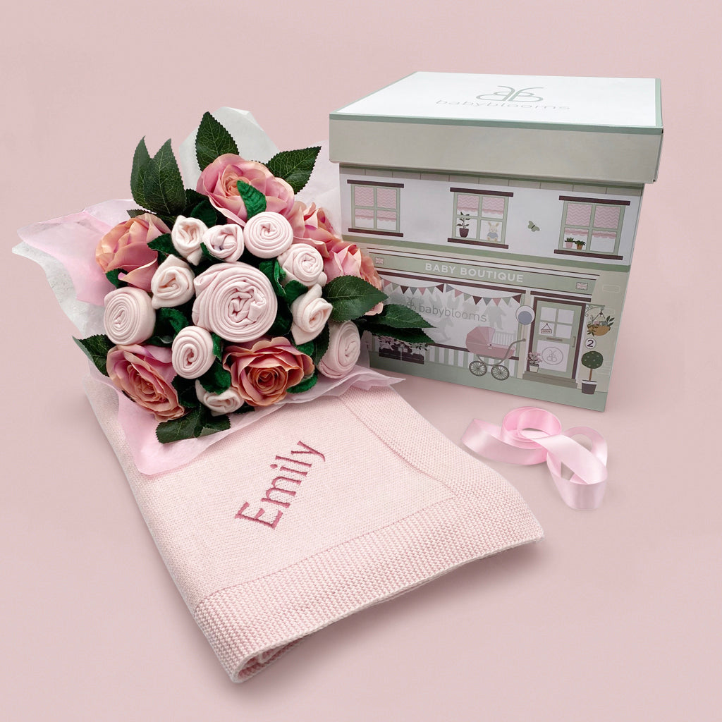 Luxury Rose Baby Clothes Bouquet and Personalised Baby Blanket, Pink