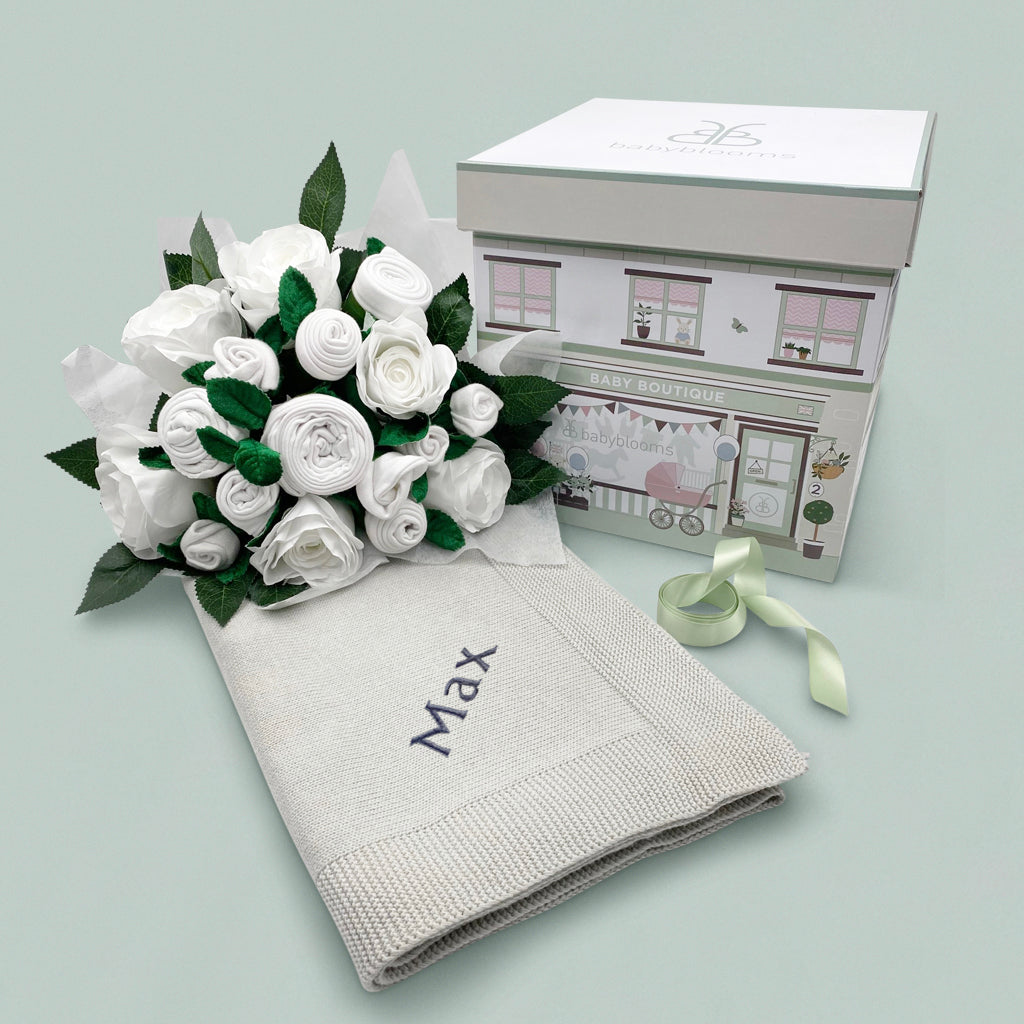 Luxury Rose Baby Clothes Bouquet and Personalised Baby Blanket, Blue