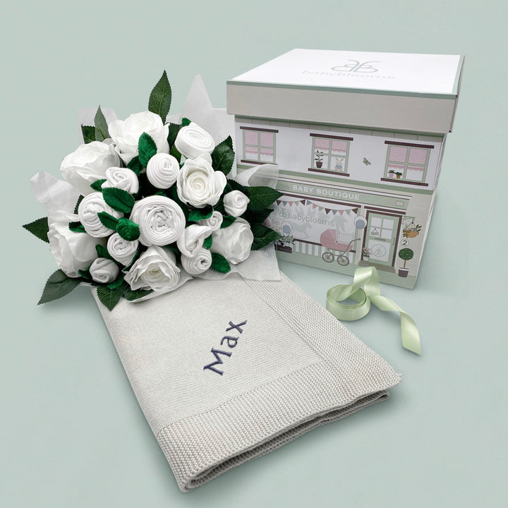 Luxury Rose Baby Clothes Bouquet and Personalised Baby Blanket, Blue