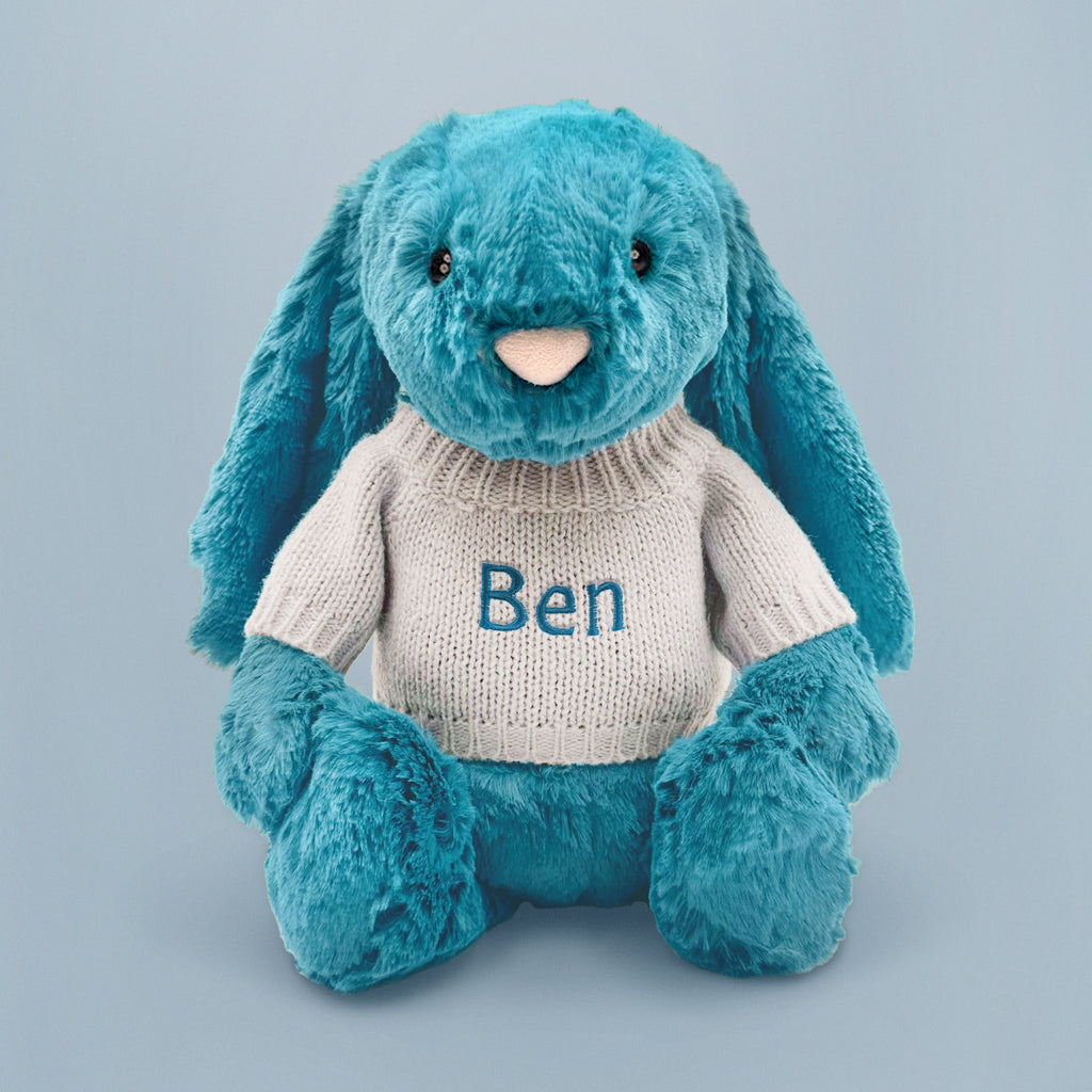 Personalised Bashful Bunny, Mineral Blue Jellycat Babyblooms