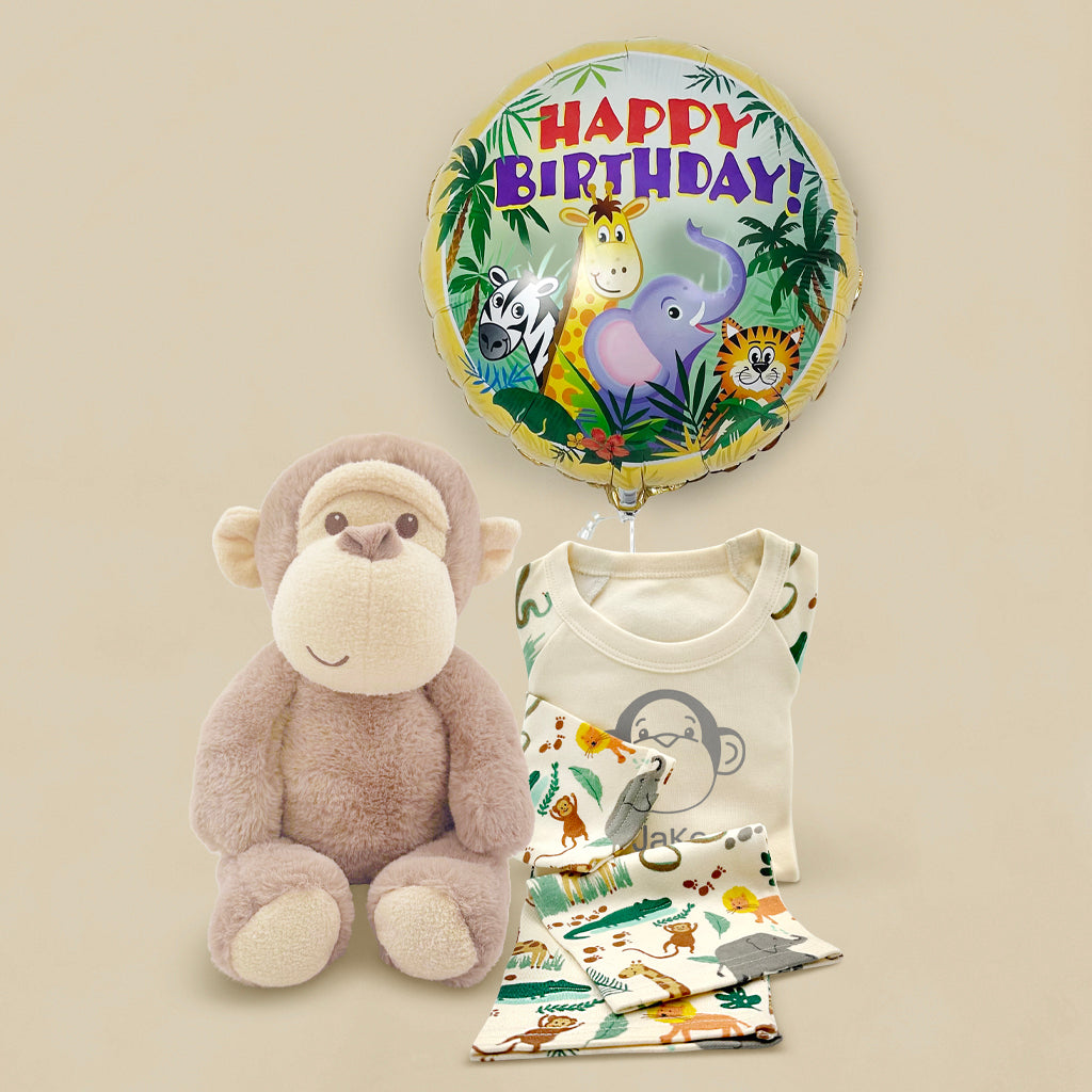 First Birthday Gift Morris Monkey Soft Toy And Personalised Baby Pyjamas With Balloon