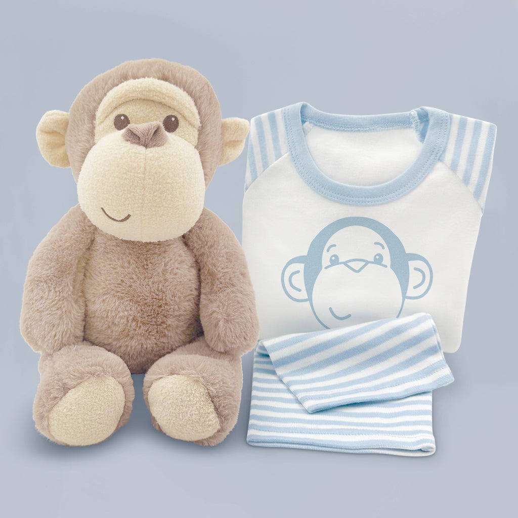 Newborn Baby Boy Gift Morris Monkey Soft Toy And Personalised Baby Pyjamas