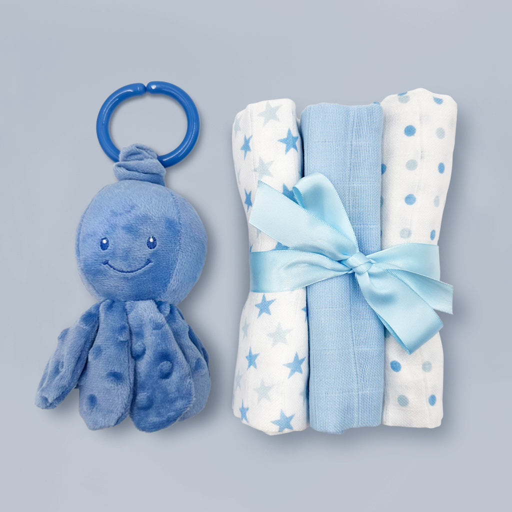 Nattou Vibrating Octopus New Baby Gift Set, Dark Blue contents