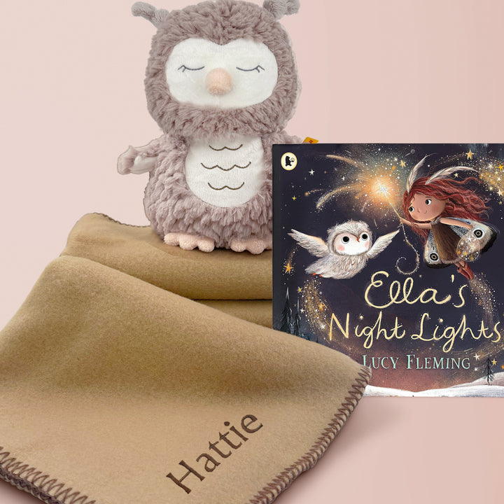 Steiff Ollie Owl Soft Toy, With Ella's Night Lights Book with Personalised Fleece Blanket Baby Gift 
