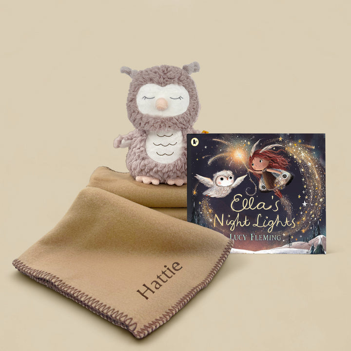Steiff Ollie Owl Soft Toy, With Ella's Night Lights Book with Personalised Fleece Blanket Baby Gift 