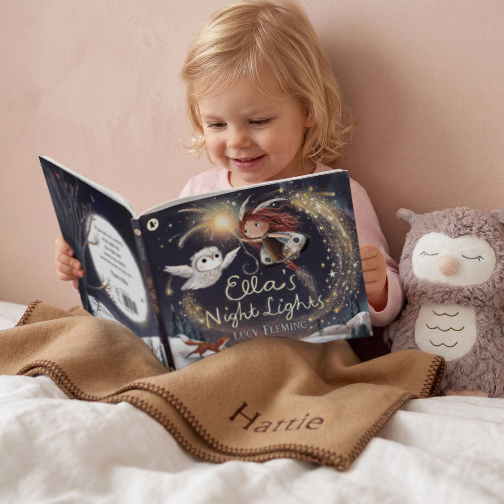 Steiff Ollie Owl Soft Toy, With Ella's Night Lights Book with Personalised Fleece Blanket Baby Gift 