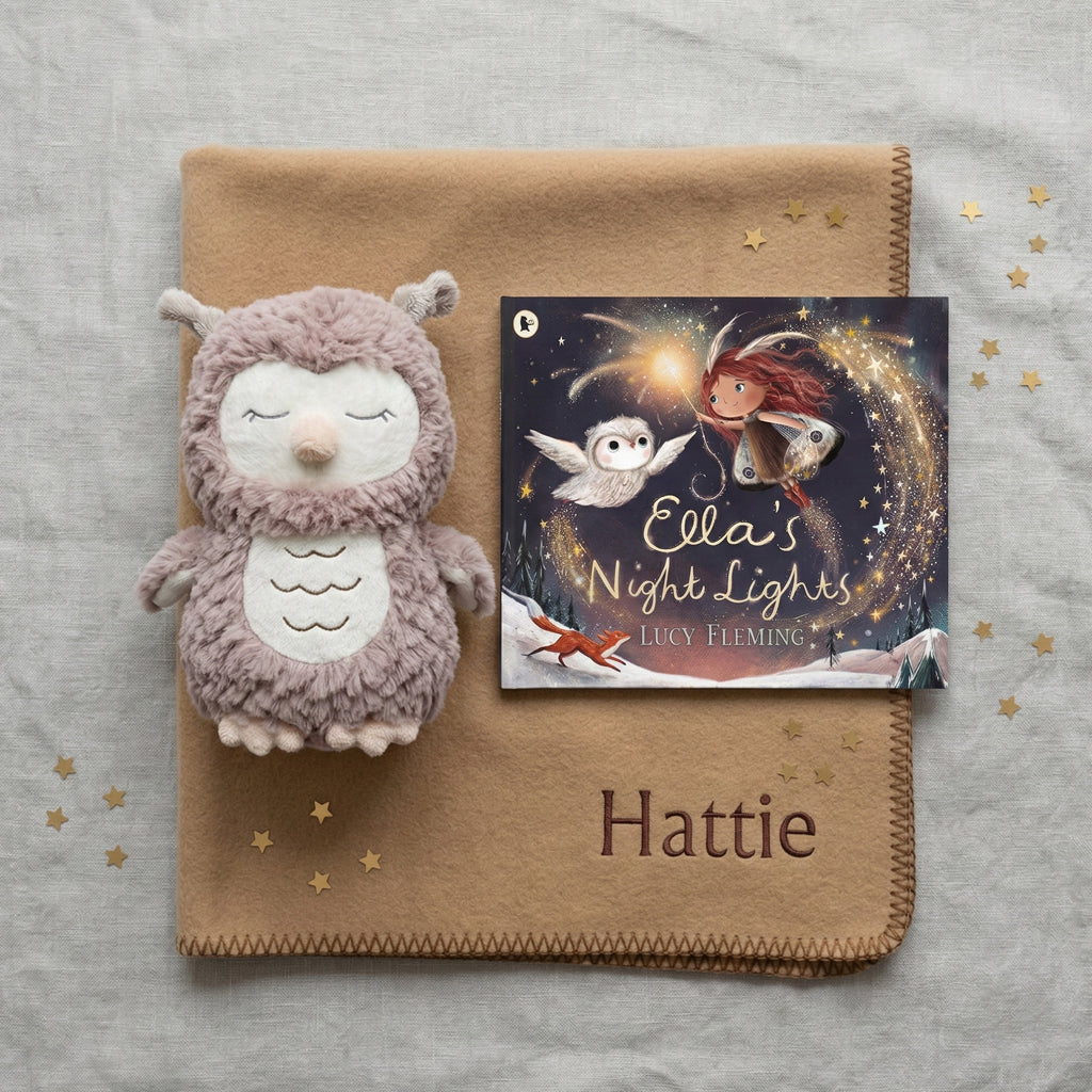 Steiff Ollie Owl Soft Toy, With Ella's Night Lights Book with Personalised Fleece Blanket Baby Gift 