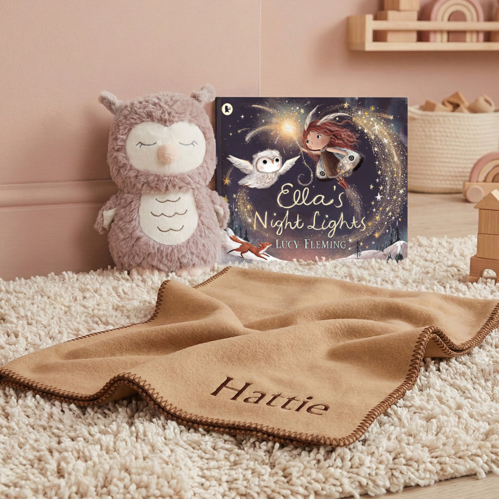 Steiff Ollie Owl Soft Toy, With Ella's Night Lights Book with Personalised Fleece Blanket Baby Gift 