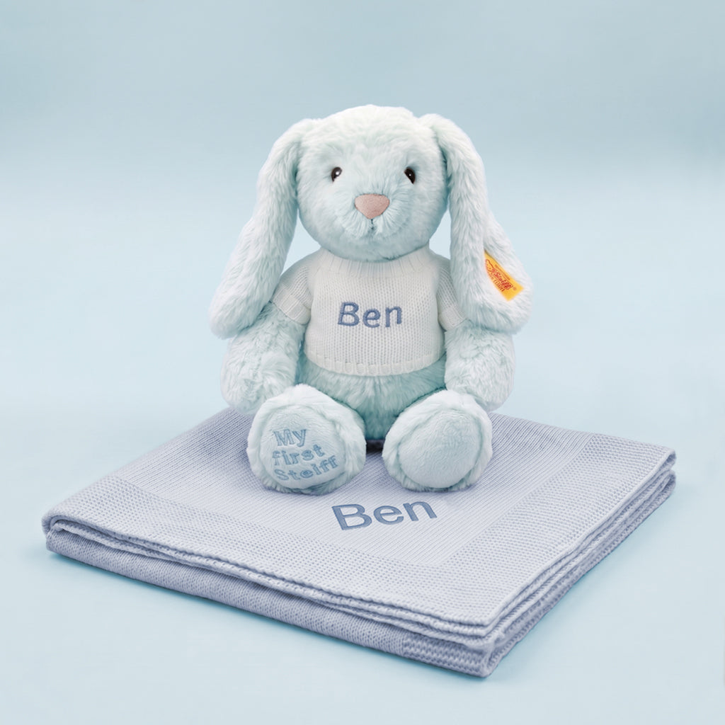 Personalised My First Steiff Hoppie Rabbit and Knitted Blanket Gift Set, Blue