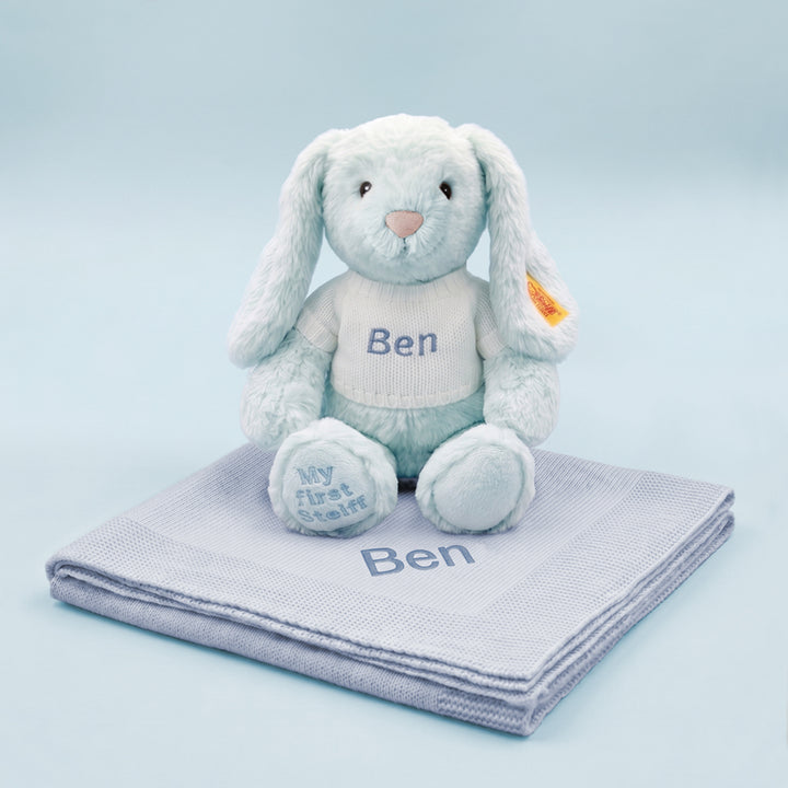Personalised My First Steiff Hoppie Rabbit and Knitted Blanket Gift Set, Blue