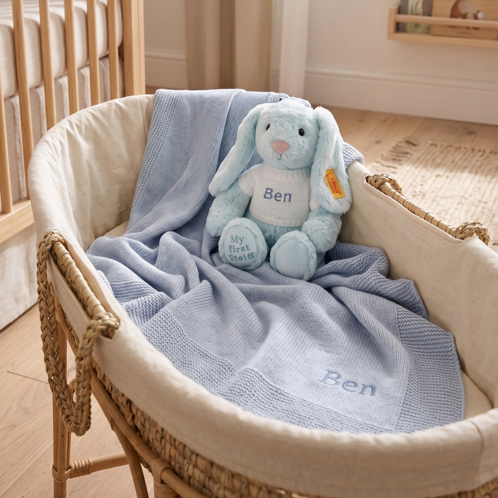 Personalised My First Steiff Hoppie Rabbit and Knitted Blanket Gift Set, Blue