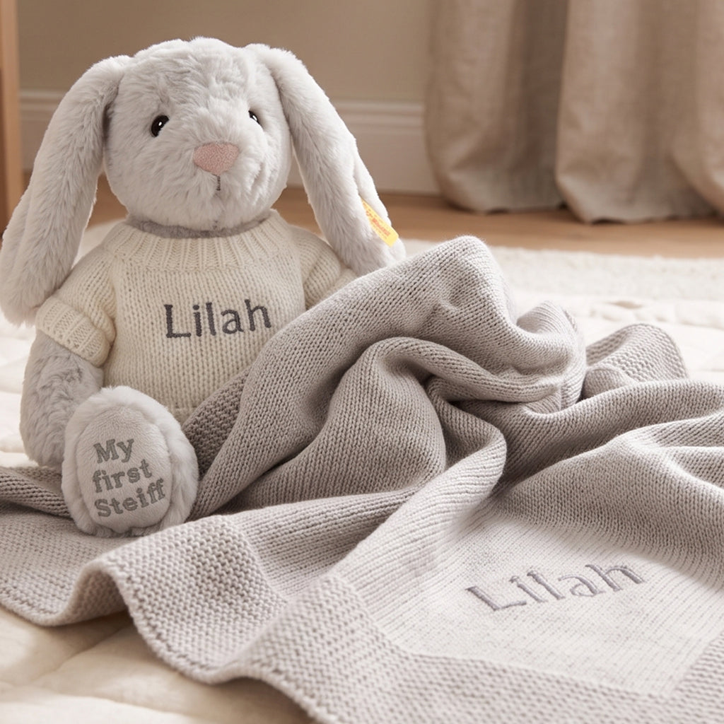 Personalised My First Steiff Hoppie Rabbit and Knitted Blanket, Grey