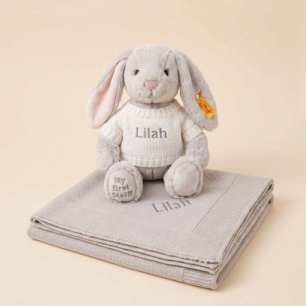 Personalised My First Steiff Hoppie Rabbit and Knitted Blanket, Grey