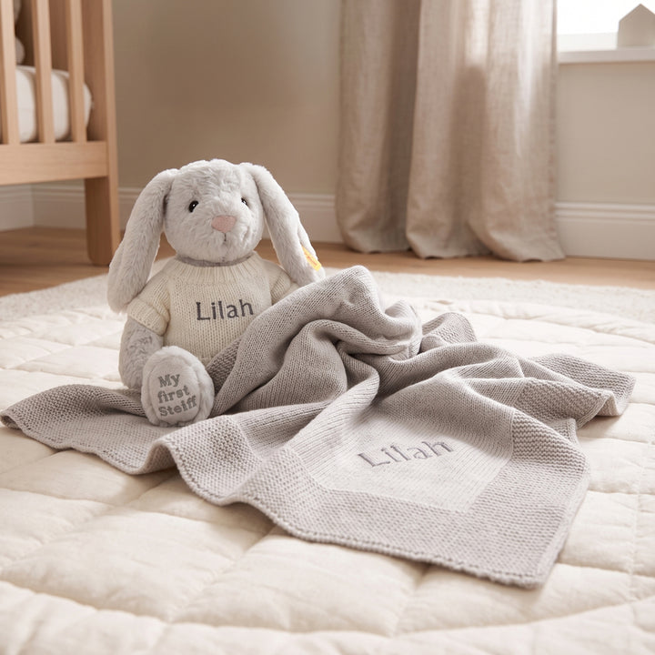Personalised My First Steiff Hoppie Rabbit and Knitted Blanket, Grey
