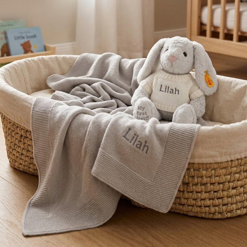 Personalised My First Steiff Hoppie Rabbit and Knitted Blanket, Grey