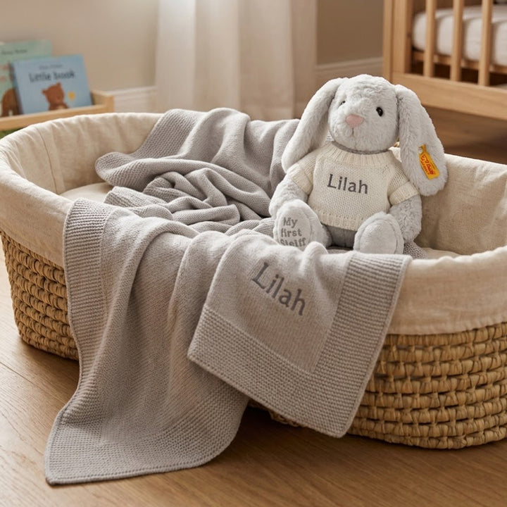 Personalised My First Steiff Hoppie Rabbit and Knitted Blanket, Grey