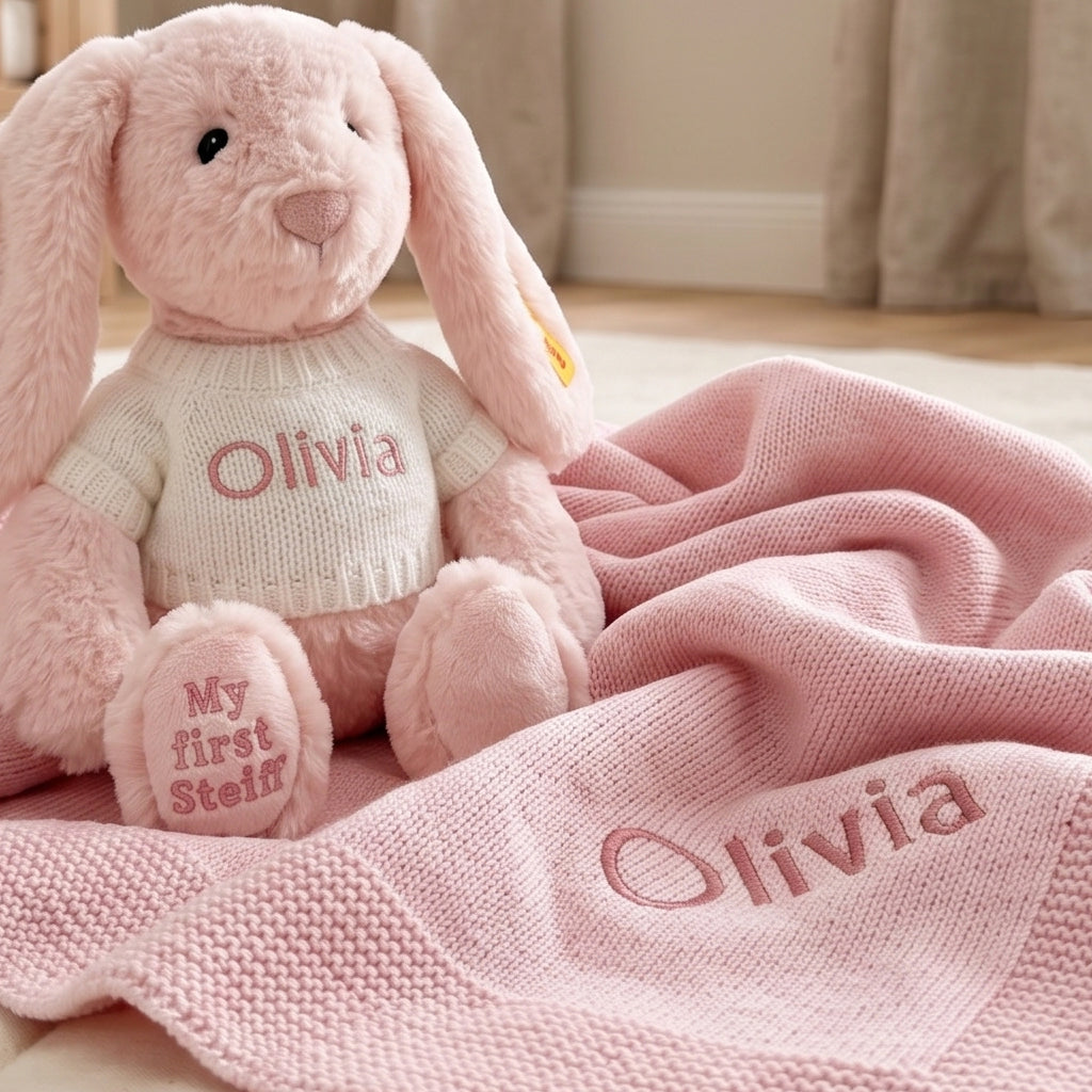 Personalised My First Steiff Hoppie Rabbit and Knitted Blanket Gift Set