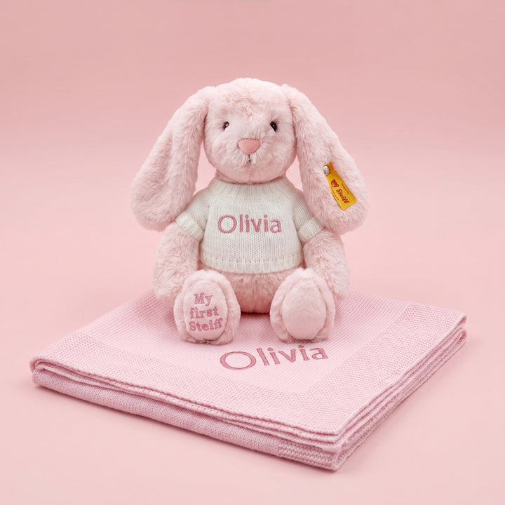 Personalised My First Steiff Hoppie Rabbit and Knitted Blanket Gift Set