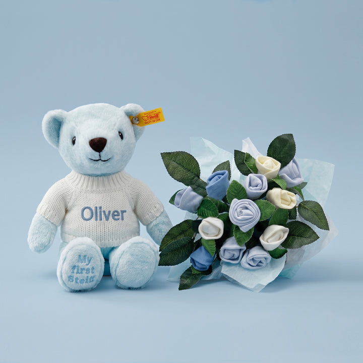 Personalised My First Steiff Teddy Bear with Welcome Baby Clothes Posy, Blue