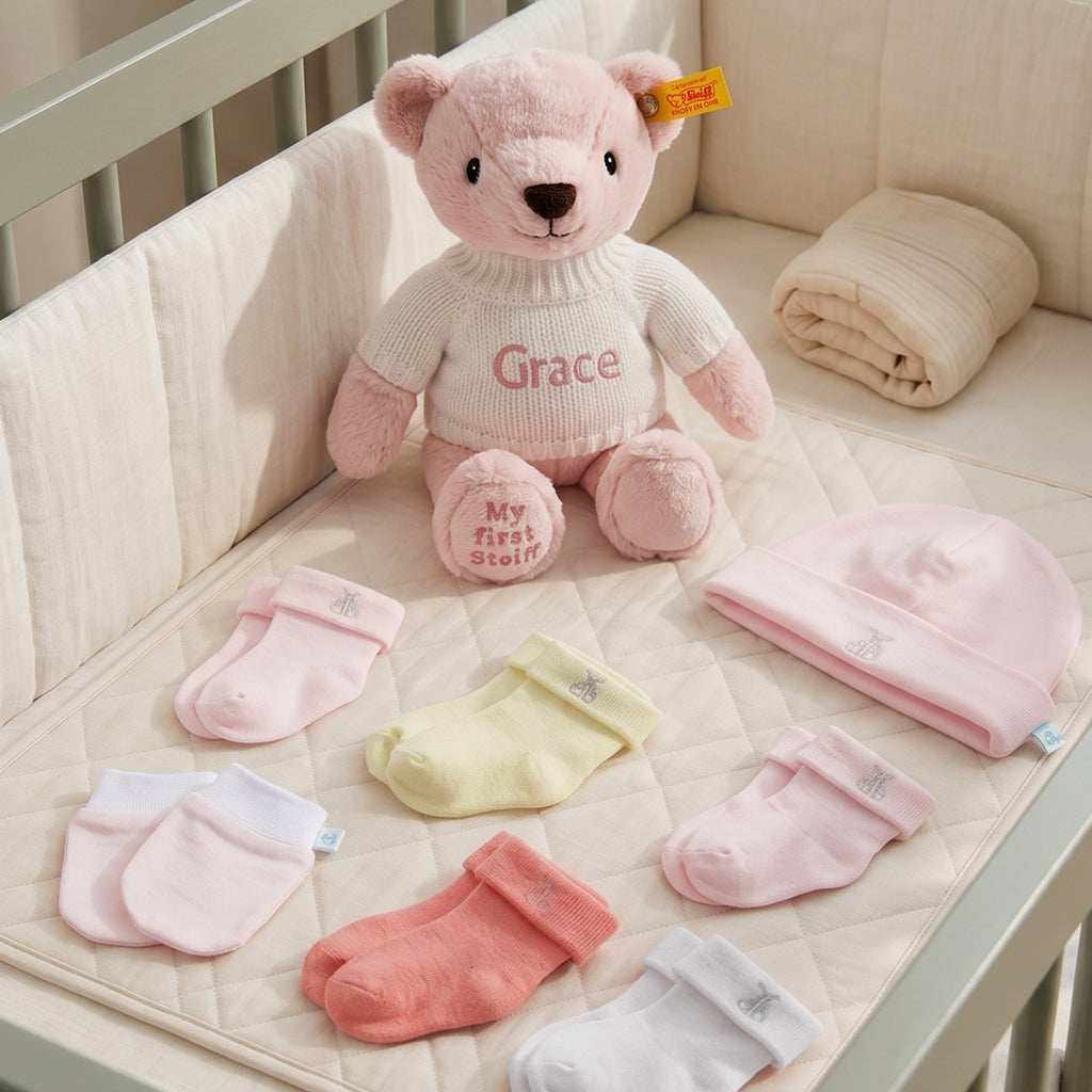 Personalised My First Steiff, Pink with Welcome Baby Clothes Posy