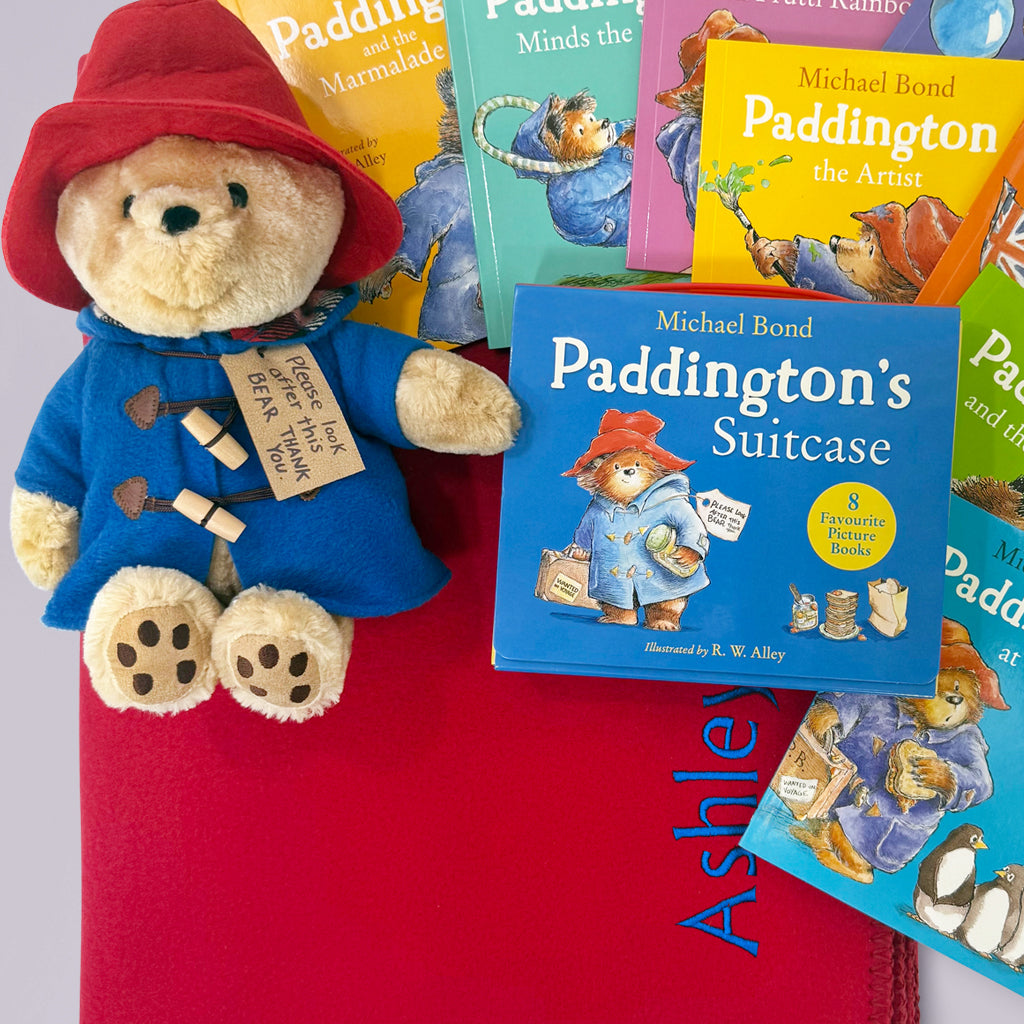Paddington Bear Soft Toy with Personalised Red Blanket and Paddington Book Collection