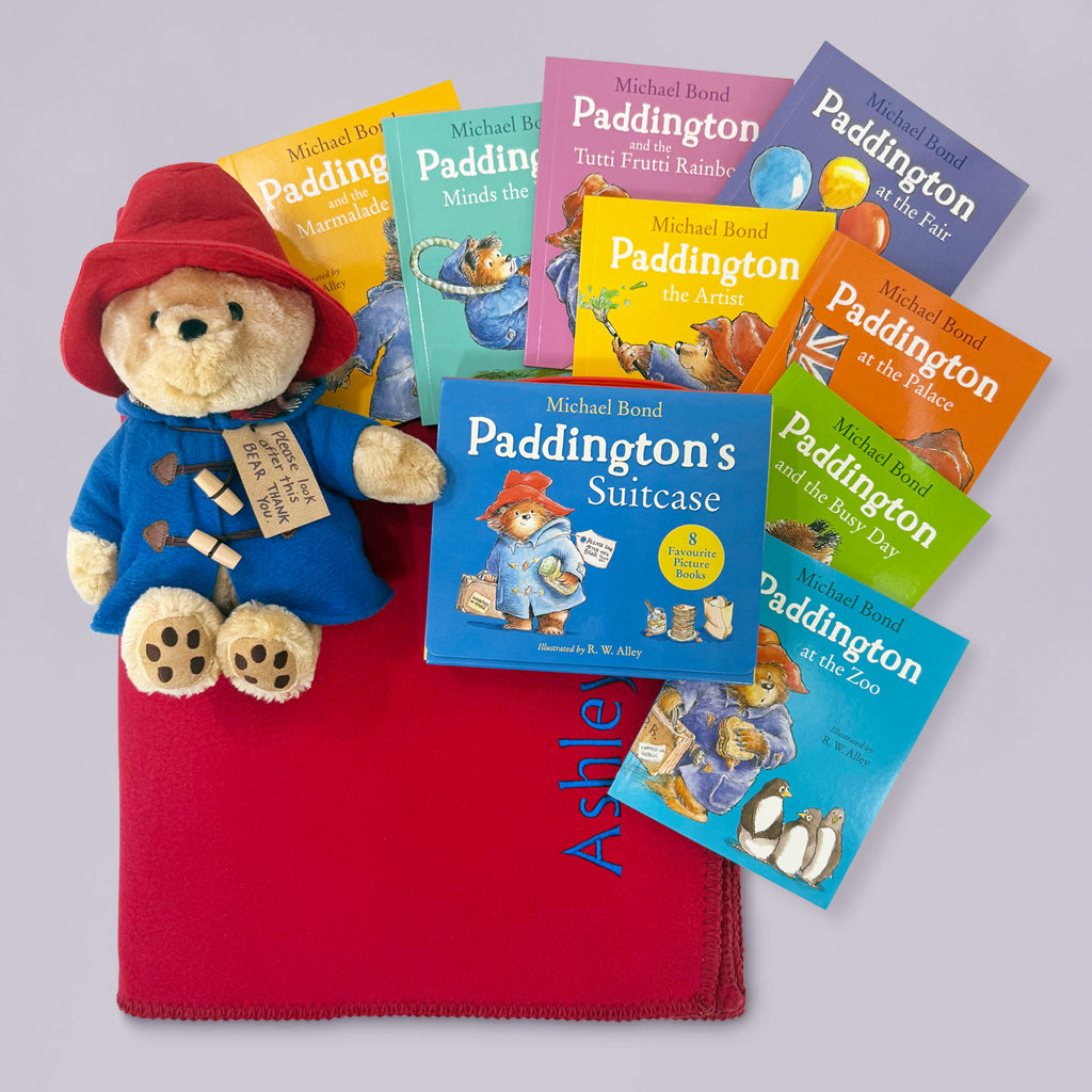 Paddington Bear Soft Toy with Personalised Red Fleece Blanket and Books